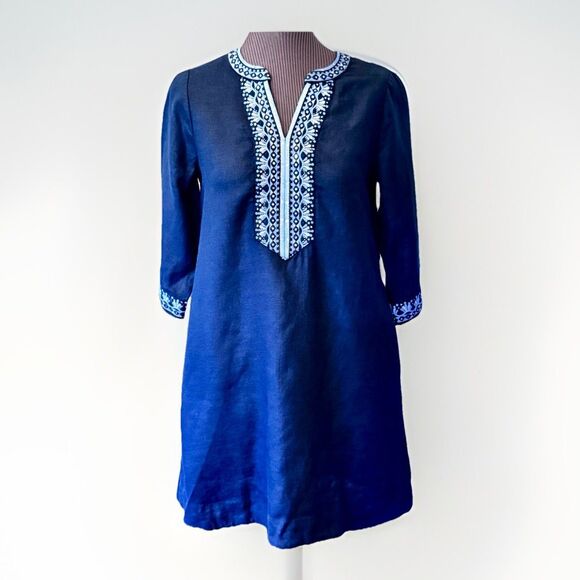 Chico's Embellished Linen Dress Dark Navy 3/4 Sleeves Knee Length Size 0 (US 4) - Picture 1 of 10